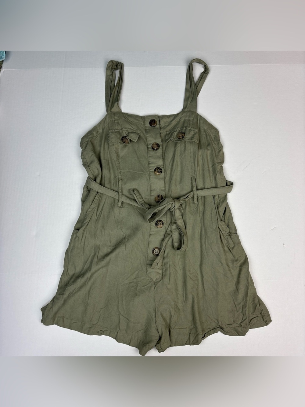 Japna Women Medium Romper Shorts Tank Sage Green Button Tie Waist Rayon Summer